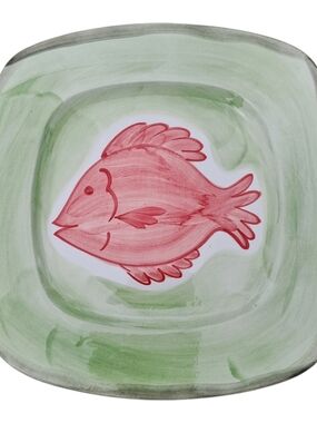 ​Zanolli Italy Hand Painted Ceramic Square Platter 12" Red Fish Green Rim Vintag